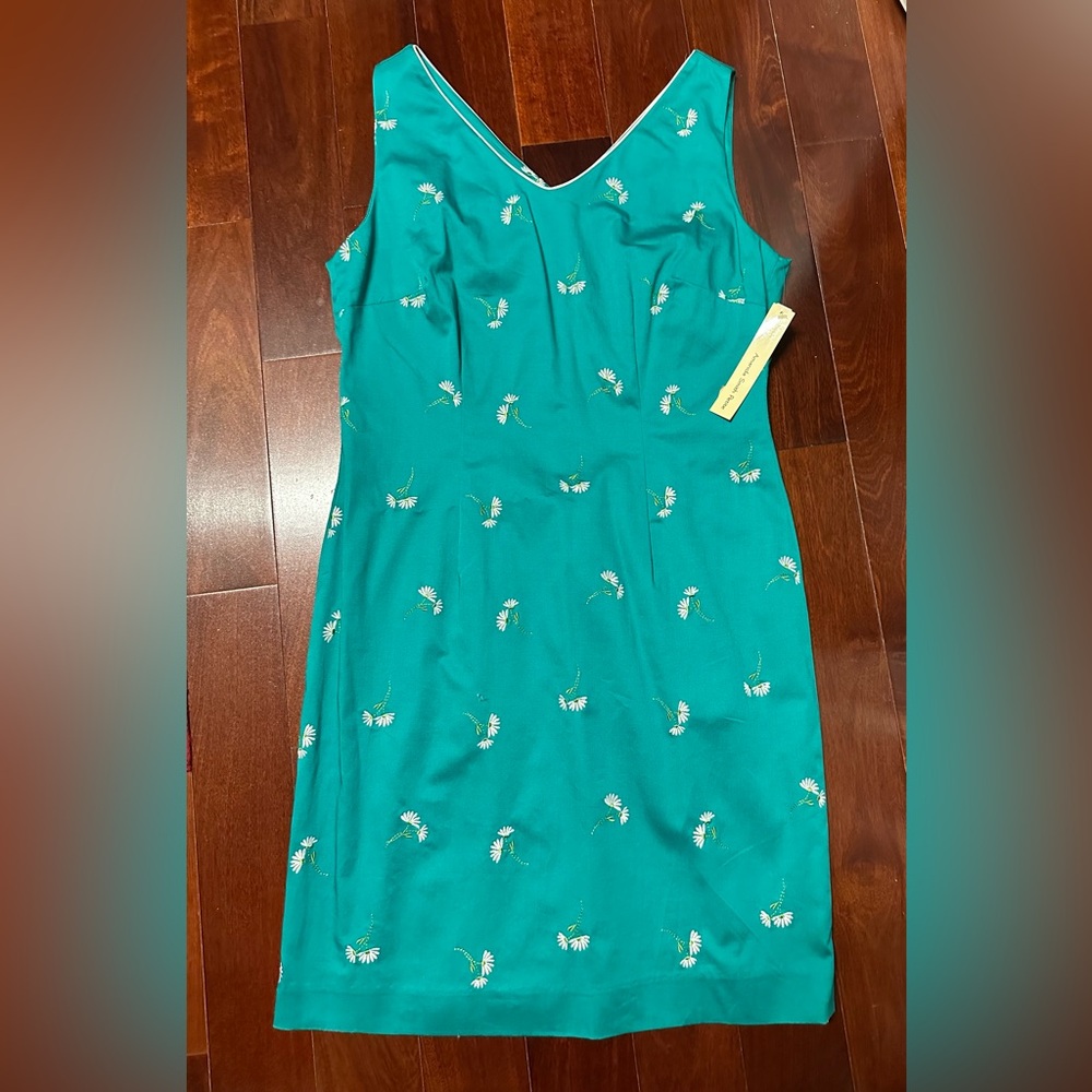 Amanda Smith Dress Teal Sleeveless White Embroidered Flowers Size 10P NWT